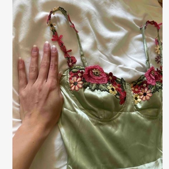 Green Satin Long Dress Floral Embroidery On Bust and Spaghetti Straps - Picture 16 of 16